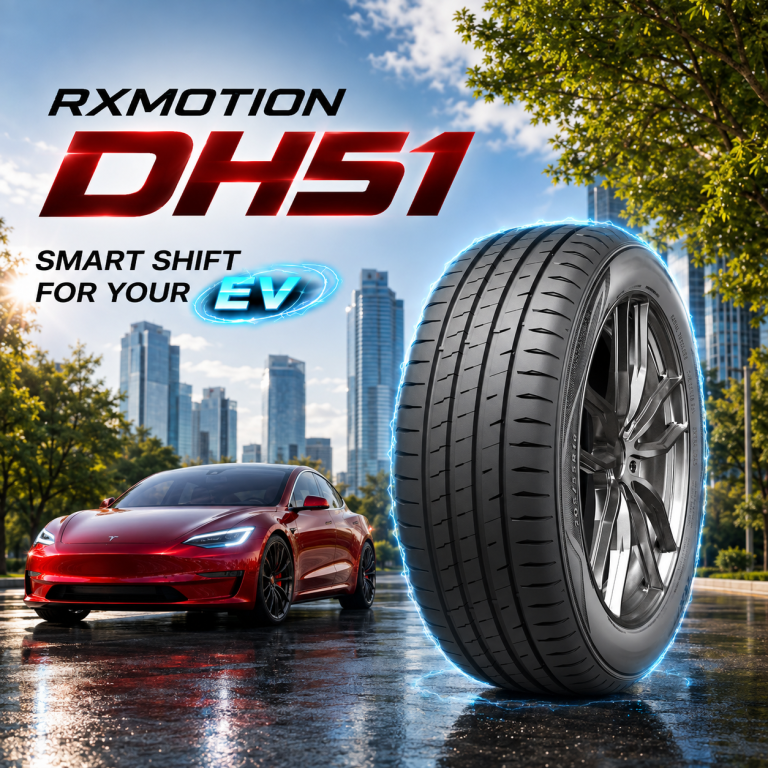 แบนเนอร์โฆษณายางรถยนต์ไฟฟ้า RoadX รุ่น RXMOTION DH51 EV คู่กับรถยนต์ EV สีแดง