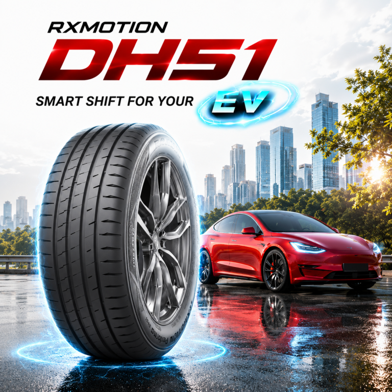 แบนเนอร์โฆษณายางรถยนต์ไฟฟ้า RoadX รุ่น RXMOTION DH51 EV คู่กับรถยนต์ EV สีแดง