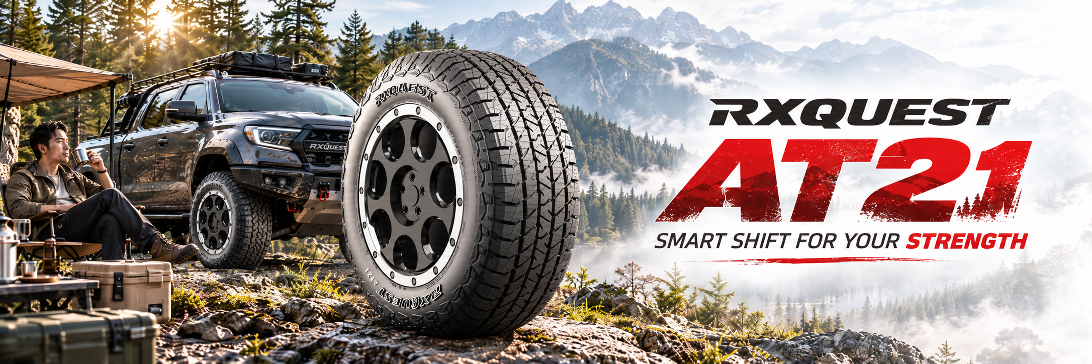 แบนเนอร์ยางออฟโรด All-Terrain RoadX RXQUEST AT21 และรถ SUV แคมป์ปิ้งในป่า