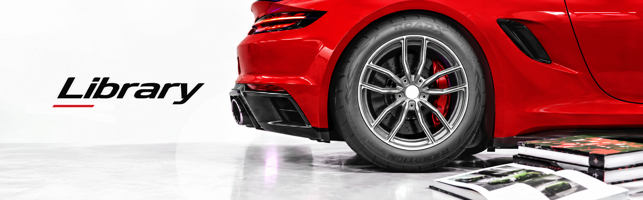 แบนเนอร์หน้าคลังบทความความรู้ยางรถยนต์ RoadX และรถสปอร์ตสีแดง
