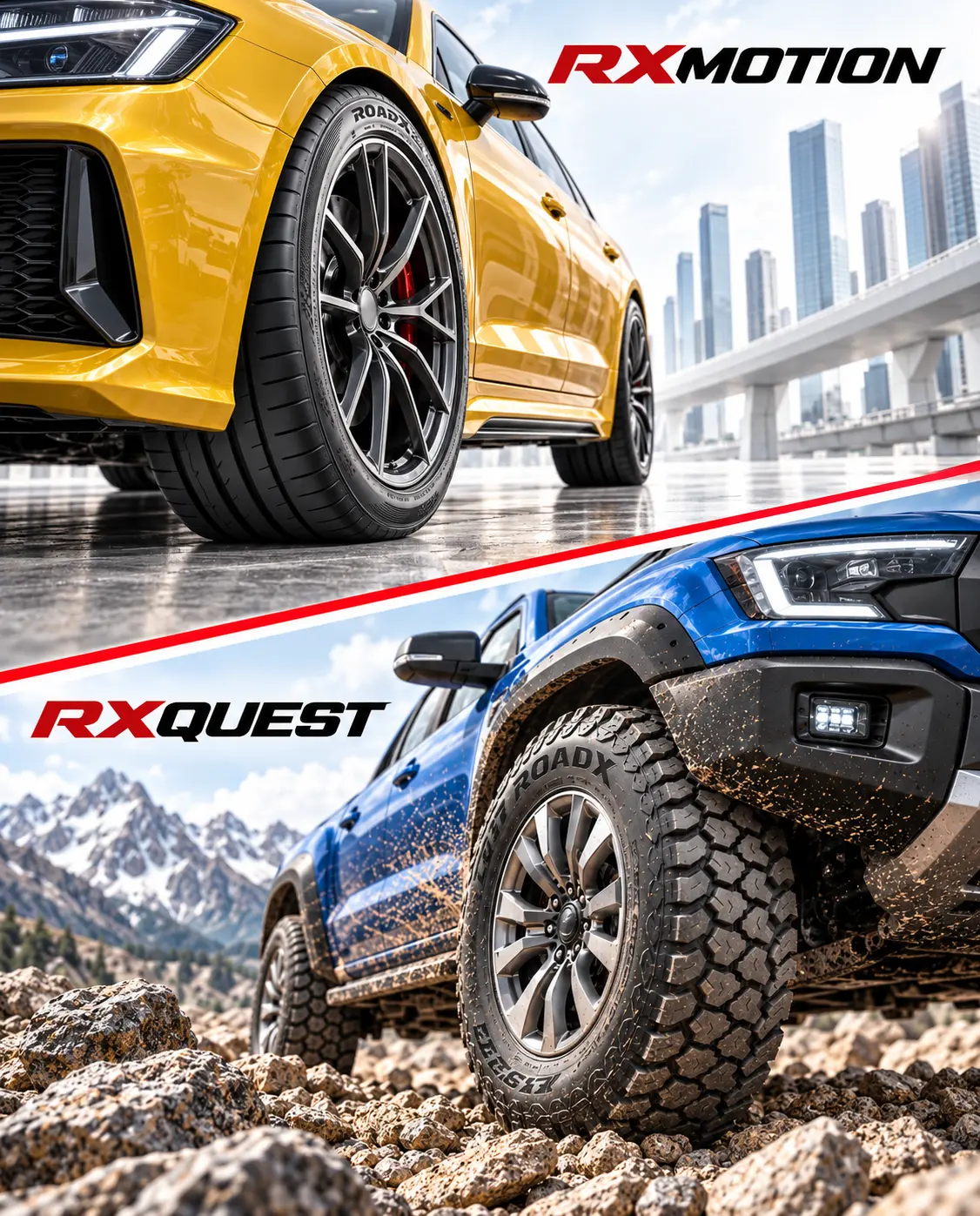 แบนเนอร์รวมยางรถยนต์ RoadX ซีรีส์ RXMOTION สำหรับรถเก๋ง และ RXQUEST สำหรับรถกระบะออฟโรด