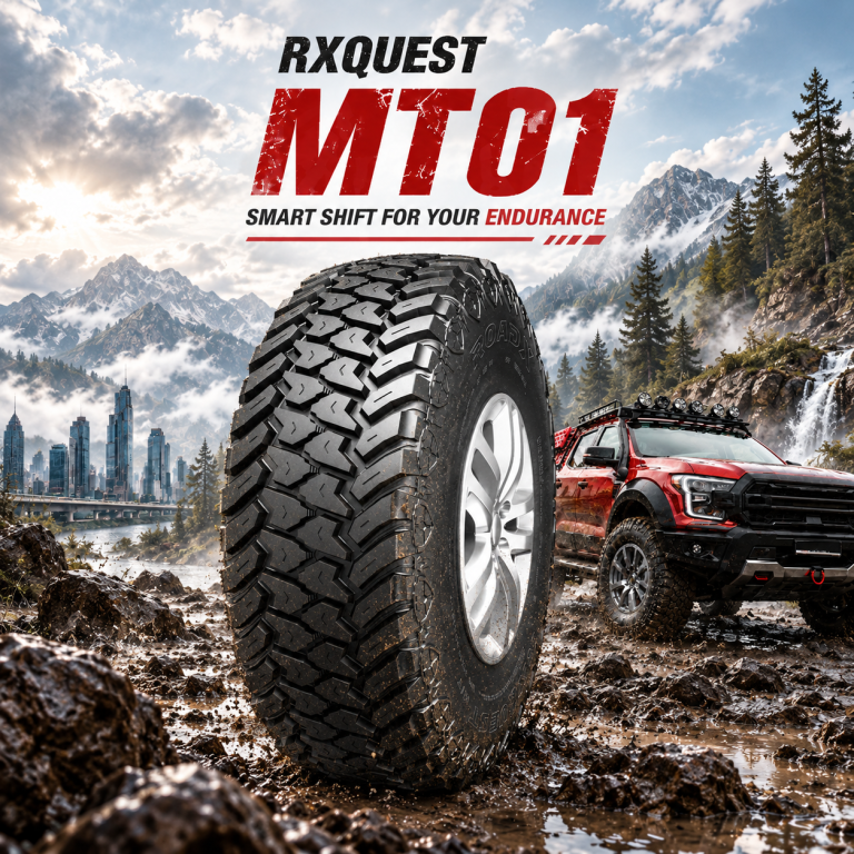 แบนเนอร์ยางออฟโรด RoadX RXQUEST MT01 ลุยโคลนและหิน พร้อมรถกระบะสีแดง