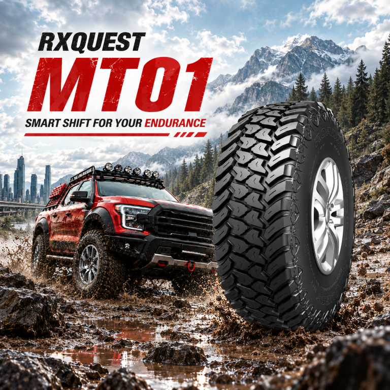 แบนเนอร์ยางออฟโรด RoadX RXQUEST MT01 ลุยโคลนและหิน พร้อมรถกระบะสีแดง