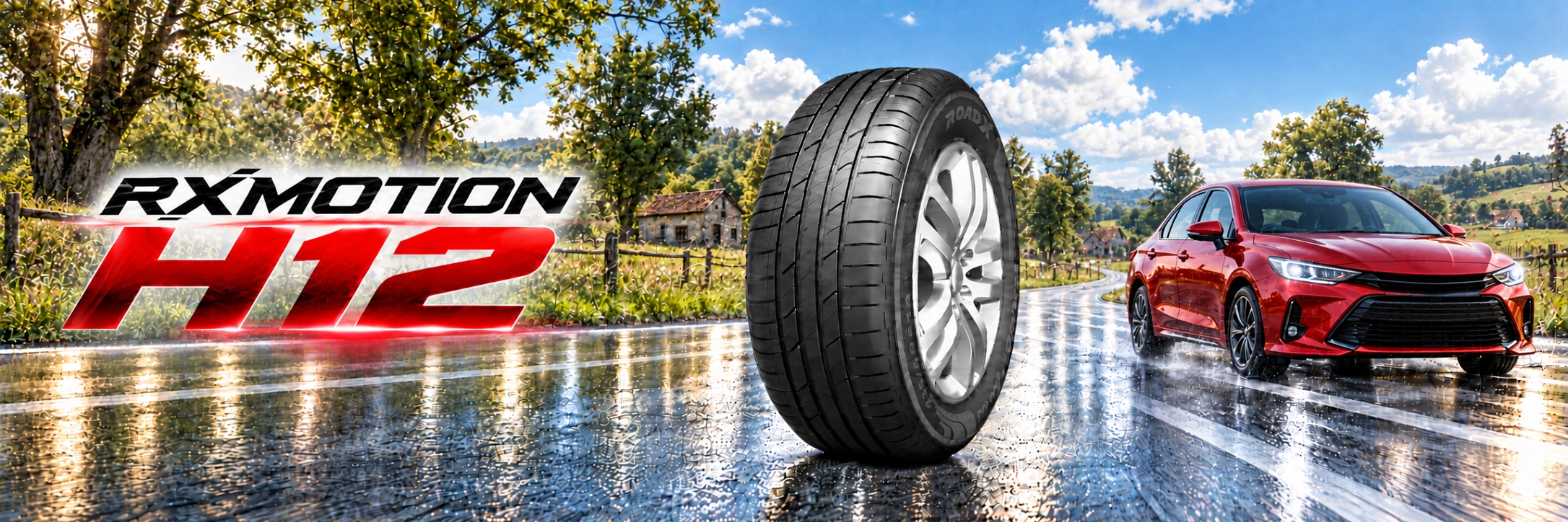 ยาง ROADX RXMOTION H12 พร้อมรถซีดานสีแดงบนถนนชนบทเปียก ท่ามกลางธรรมชาติและท้องฟ้าสดใส
