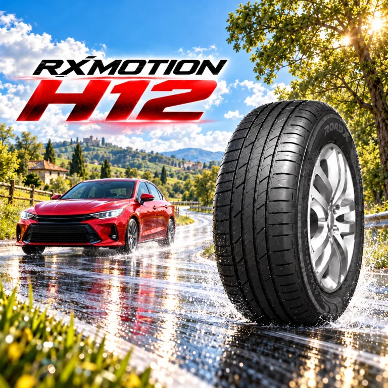 ยางรถยนต์ ROADX RXMOTION H12 ขนาดใหญ่ พร้อมรถซีดานสีแดงบนถนนเปียกในพื้นที่ชนบท