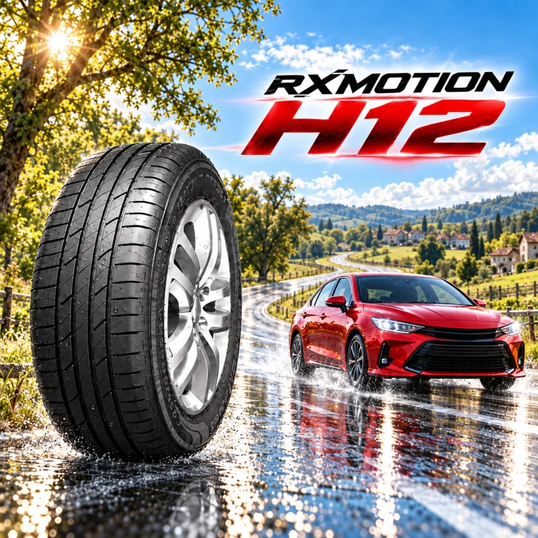 ยาง ROADX RXMOTION H12 ด้านหน้ารถซีดานสีแดงที่กำลังขับบนถนนเปียกในชนบท