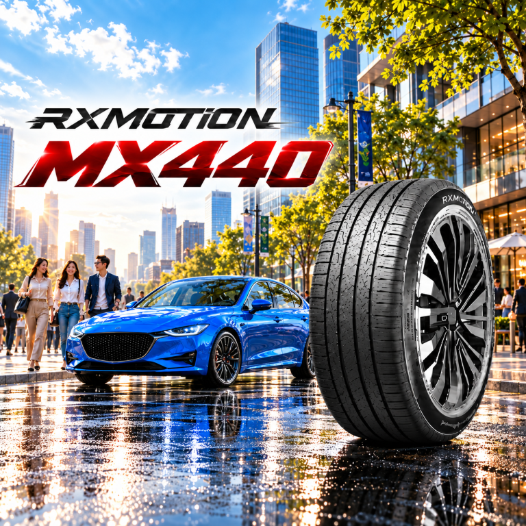 ยาง ROADX RXMOTION MX440 ขนาดใหญ่ด้านหน้ารถยนต์สีน้ำเงินในเมือง พร้อมบรรยากาศถนนเปียกและอาคารสมัยใหม่