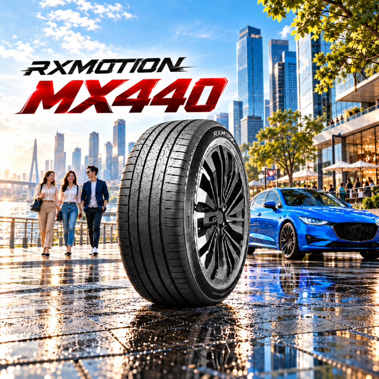 ยาง ROADX RXMOTION MX440 ตั้งเด่นกลางภาพ พร้อมรถยนต์สีน้ำเงินและวิวเมืองริมถนน