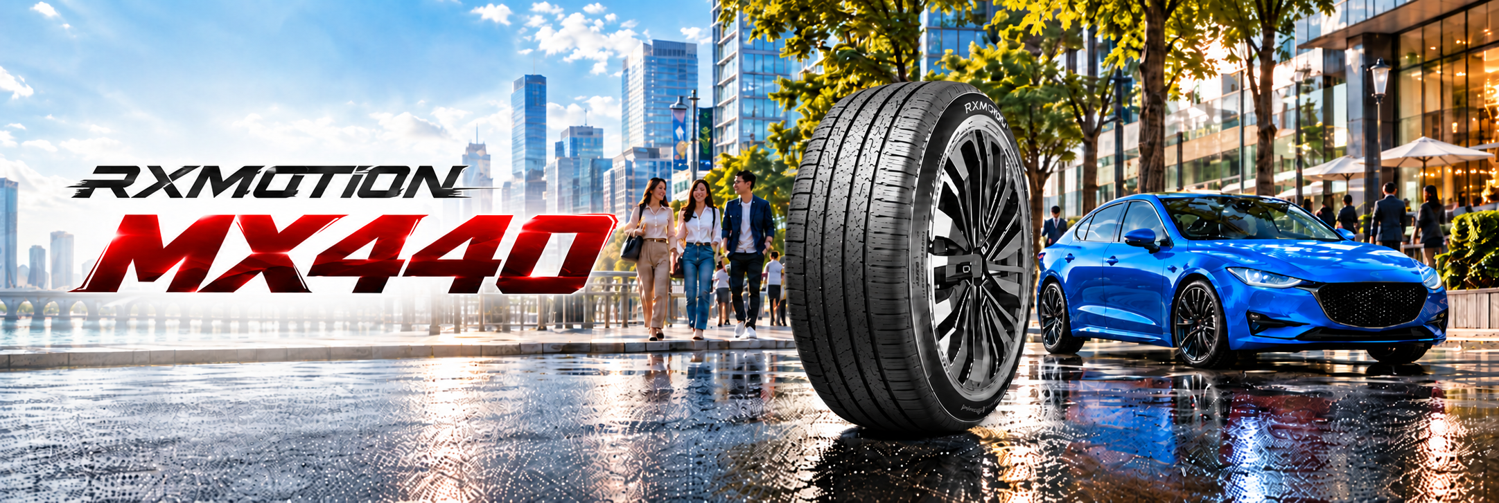ยาง ROADX RXMOTION MX440 พร้อมรถยนต์สีน้ำเงินบนถนนในเมือง แสดงลายดอกยางและภาพลักษณ์การขับขี่แบบสปอร์ต