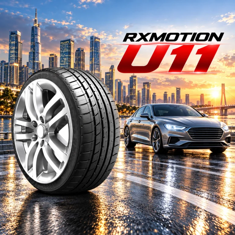 ยาง ROADX RXMOTION U11 พร้อมรถซีดานบนถนนเมืองที่เปียกชื้น ท่ามกลางอาคารสูงและแสงพระอาทิตย์ตก