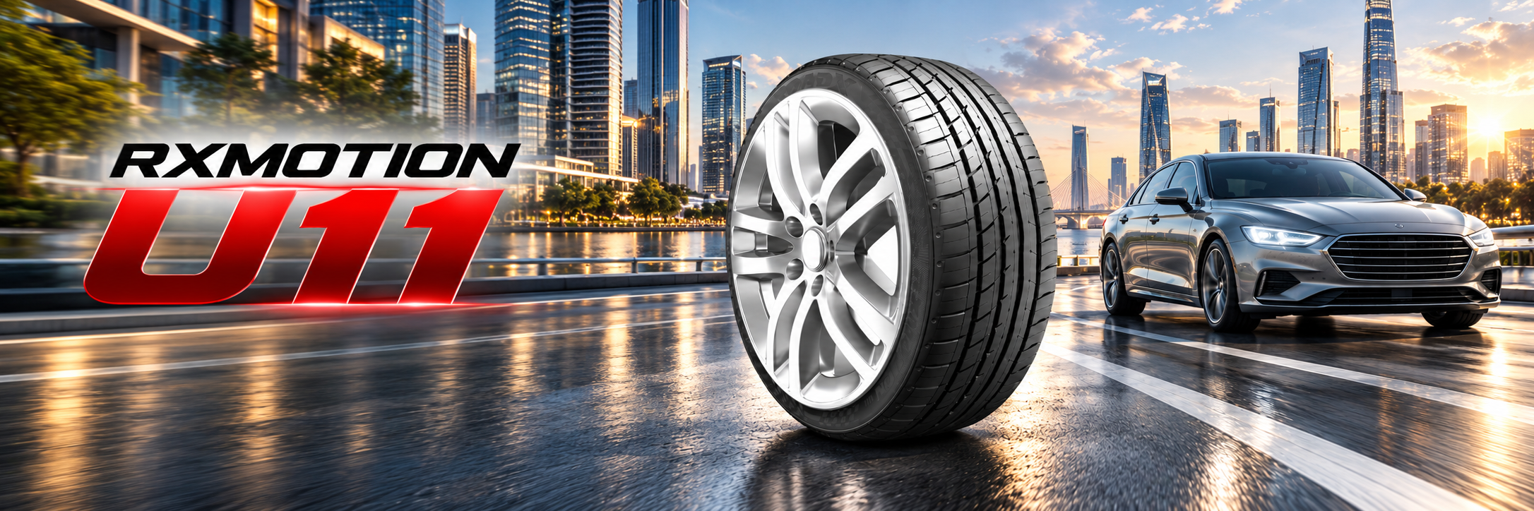 แบนเนอร์ ROADX RXMOTION U11 พร้อมยาง รถซีดาน และถนนเปียกในเมืองสมัยใหม่ช่วงพระอาทิตย์ตก