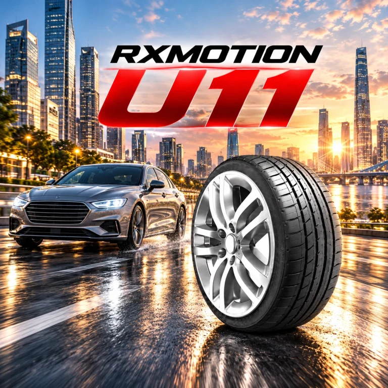 ยาง ROADX RXMOTION U11 ขนาดใหญ่ด้านหน้า พร้อมรถซีดานบนถนนเปียกในเมืองช่วงพระอาทิตย์ตก