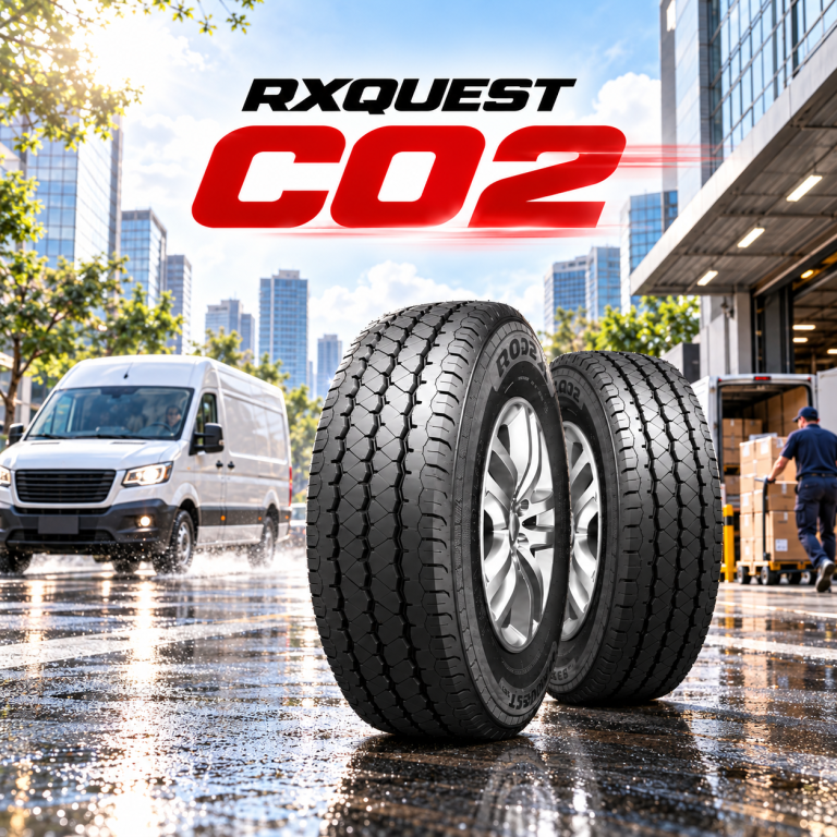 ยาง ROADX RXQUEST C02 สองเส้น พร้อมรถตู้เชิงพาณิชย์ในพื้นที่ขนส่งสินค้า สื่อถึงการใช้งานสำหรับรถตู้และงานขนส่ง