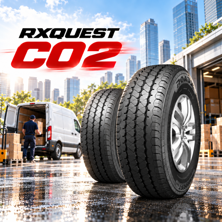 ยาง ROADX RXQUEST C02 สองเส้นด้านหน้ารถตู้ขนส่งและพนักงานจัดส่งสินค้าในเขตเมือง