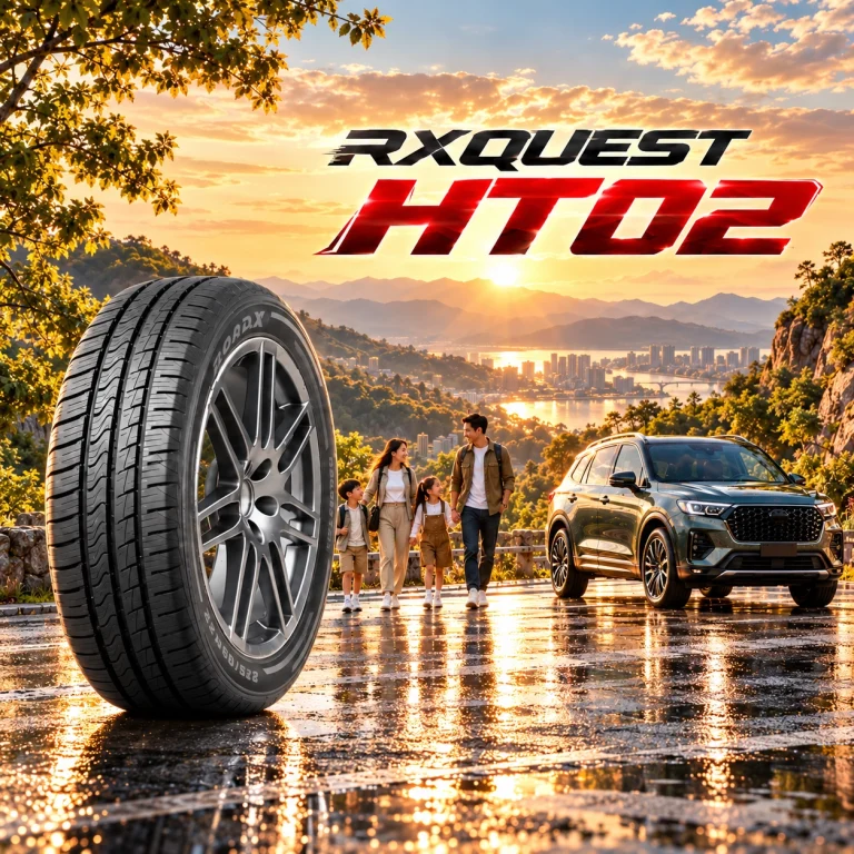 ยาง ROADX RXQUEST HT02 ขนาดใหญ่ด้านหน้า พร้อมรถ SUV และครอบครัวในบรรยากาศท่องเที่ยวบนเส้นทางภูเขาช่วงพระอาทิตย์ตก