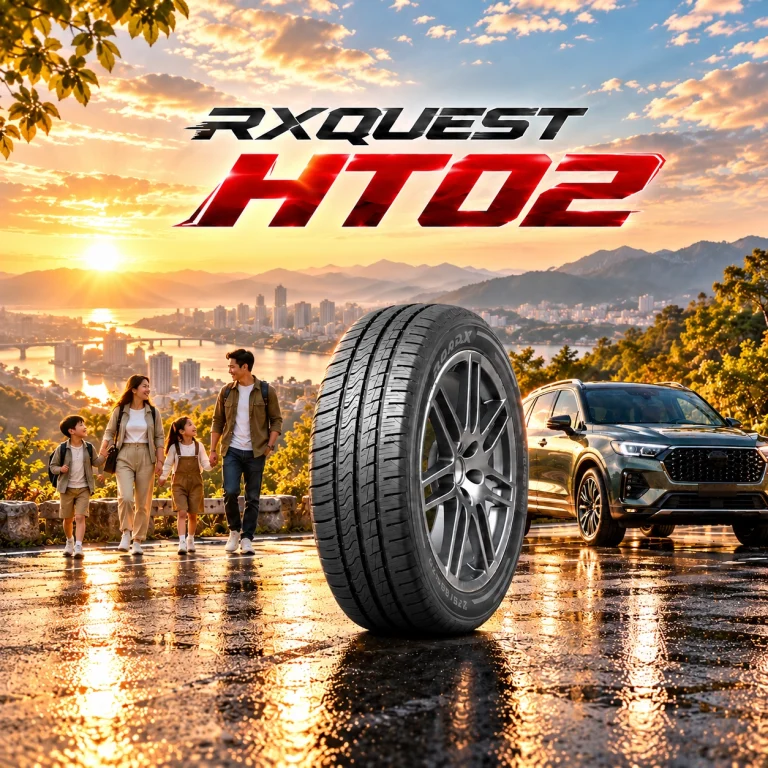 ยาง ROADX RXQUEST HT02 พร้อมรถ SUV และครอบครัวบนถนนวิวภูเขาและเมืองในช่วงแสงเย็น